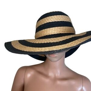 Vince Camuto straw hat summer large brim black tan vacation beach floppy…